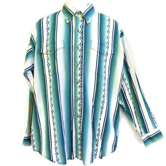 Roper Rodeo Blue Shirt Western Button Down Texas Aztec Peaked Yoke Flap XL Turq - Picture 3 of 8